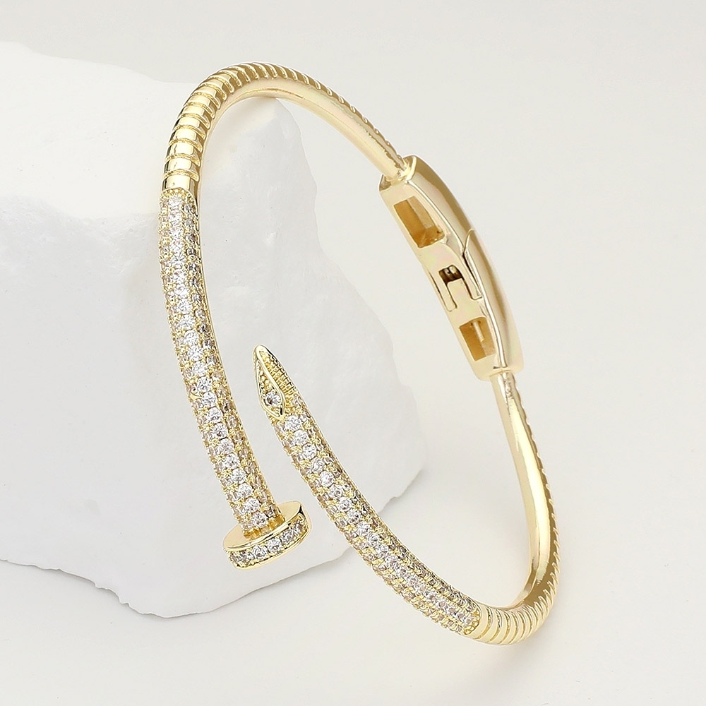 Gold CZ Rhinestone Crystal Nail Shaped Hinged Cuff Bracelet Bangle Statement